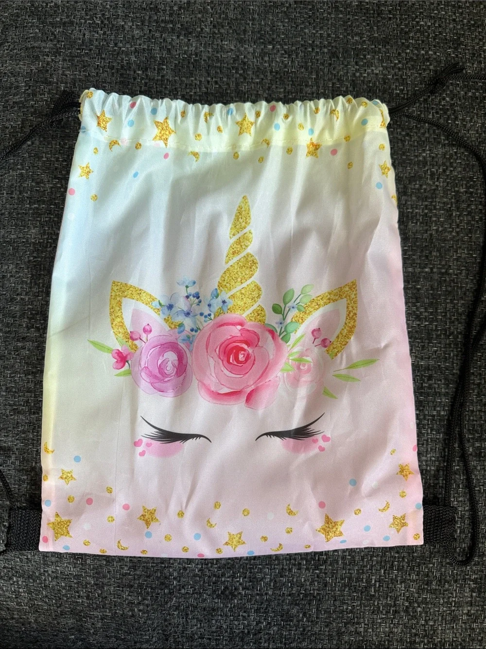 Girls Unicorn Drawstring Bag - Pink Floral with Gold Accent
